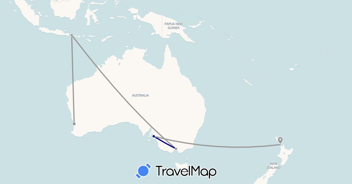 TravelMap itinerary: driving, plane in Australia, Indonesia, New Zealand (Asia, Oceania)